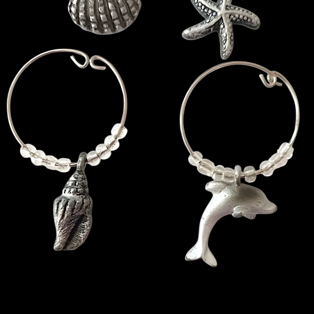 4 Beach Themed Wine Glass Charms Vintage Y2K Silver Tone Beaded Coastal Nautical
